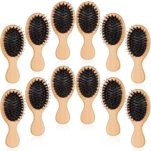 Tessco 12 Pcs Mini Travel Wooden Hair Brush for Women Girls Hair Mini Pocket Hairbrush Boar Bristle Hair Brushes Small Wooden Hair Brush Bulk for Thick Curly Thin Long Short Wet or Dry Hair