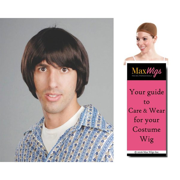 Hippie Boy Beatle Color Dark Brown - Enigma Wigs Bowl Cut Skater Tony Hawk Beetle Men's Bundle with Wig Cap, MaxWigs Costume Wig Care Guide