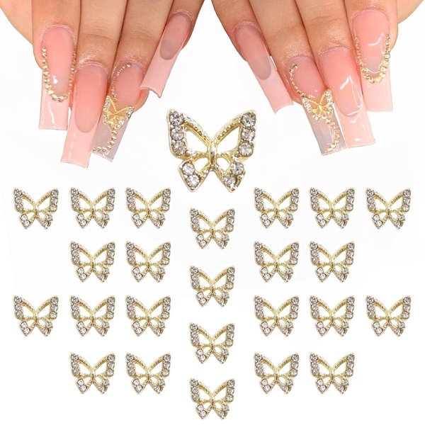 qiipii 24pcs Golden Butterfly Nail Charms Bulk 3D Charms for Acrylic Nails, Gold Butterflies Nail Rhinestones Charms Nail Alloy Studs Art Jewels Diamonds Gems Decor Supplies for Nails Face Makeup DIY