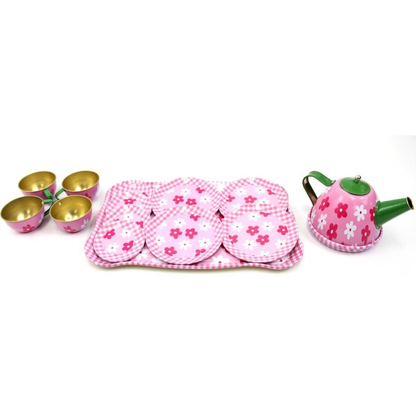 PowerTRC Flower Springtime Children's Kid's Full Metal Durable Pretend Play Toy Tea Set w/ Cups, Tea Pot, Plates, Tray