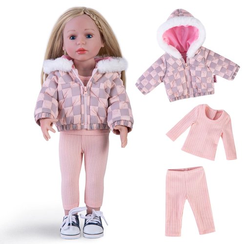 Rakki Dolli Doll Clothes 3 Pc. Set Pink Grey Plaid Hooded Thick Coat Suit Checkerboard Jacket with Long Sleeve, Warm Doll Outfit Hoodie Snowsuit Fits for 18" Dolls (Doll & Shoes not Included) 014