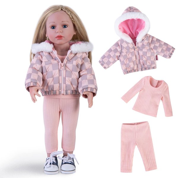 Rakki Dolli Doll Clothes 3 Pc. Set Pink Grey Plaid Hooded Thick Coat Suit Checkerboard Jacket with Long Sleeve, Warm Doll Outfit Hoodie Snowsuit Fits for 18" Dolls (Doll & Shoes not Included) 014