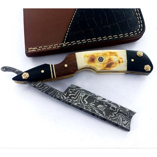 Damascus Steel Straight edge Razor Barber Salon Shaving wet shave real leather sheath for men SM151