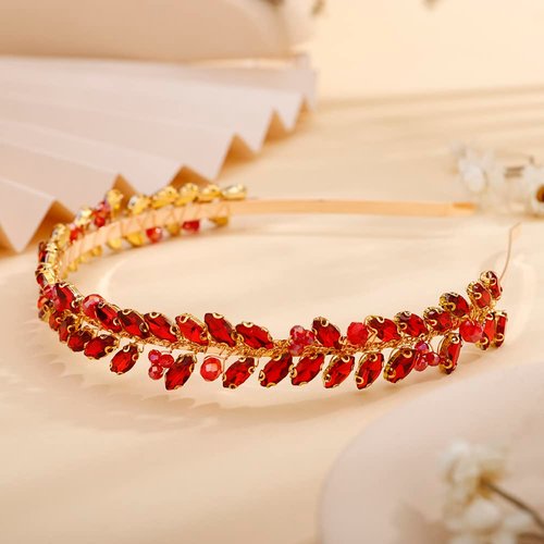 Teyglen Bridal Rhinestone Crystal Headband Thin Full Red Rhinestone Headband Hair Band Handmade Full Crystal Hair Hoop Sparkly Crystal Wedding Hair Accessories for Women Girl(Red)