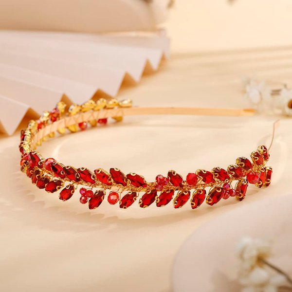 Teyglen Bridal Rhinestone Crystal Headband Thin Full Red Rhinestone Headband Hair Band Handmade Full Crystal Hair Hoop Sparkly Crystal Wedding Hair Accessories for Women Girl(Red)
