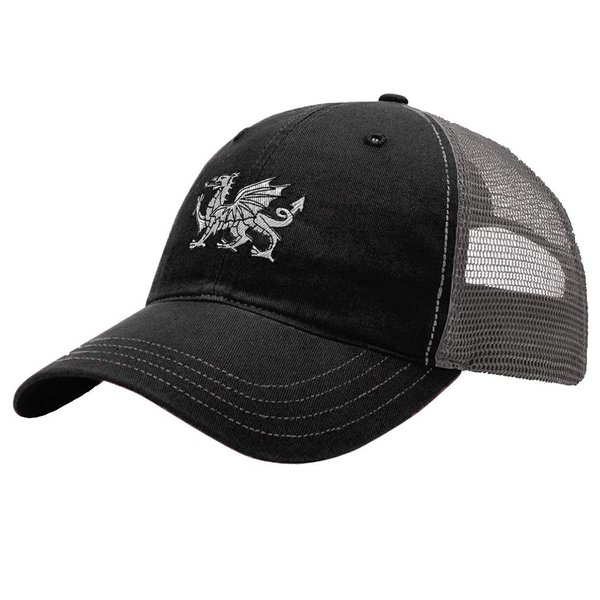 Trucker Hat Richardson White Welsh Dragon Embroidery City Name Cotton Soft Mesh Cap Snaps - Black/Charcoal, Design Only