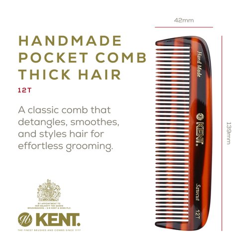 Kent 12T All Coarse Hair Detangling Comb Wide Teeth Pocket Comb for Thick Curly Wavy Hair. Hair Detangler Comb for Grooming Styling Hair, Beard and Mustache. Saw-Cut Hand Polished. Handmade in England