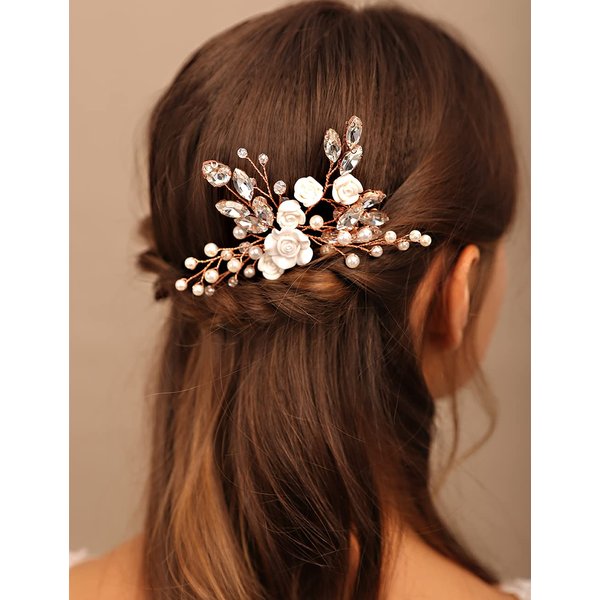 YERTTER Floral Wedding Hair Pins for Brides and Bridesmaids Flower Rose Bridal Clips Boho Crystal Rhinestones Decorative Hair Pieces for Women Girls (Rose Gold)
