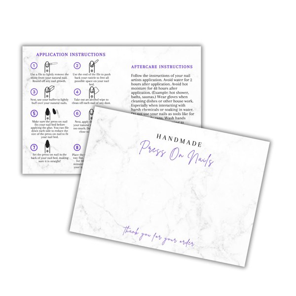 Handmade Acrylic Press On Nails Display Card | 5x7” 30 pk | w/Application Aftercare Instructions Inserts Marble for Packaging in Your 6 * 9 Holographic Bags Use With Double Sided Tape