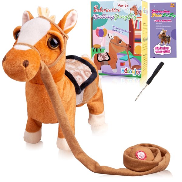 Brown Walking Pony Plush Interactive Pony Toy Singing Dancing Musical Realistic Pony Pet, Stuffed Animal Shaking Leash Horse Toy Head Buttocks Toy for Boys Girls or Toddlers