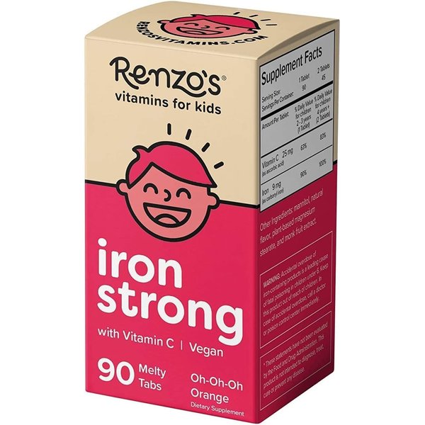 Renzo's Iron Supplements for Kids - Dissolvable Vegan Iron Supplement with Vitamin C - Sugar Free, Oh-Oh-Oh Orange Flavor, 90 Melty Tabs