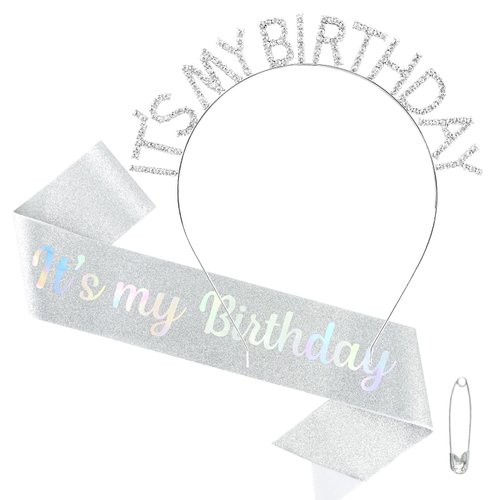 BAHABY It's My Birthday Sash & Birthday Headband Set Princess Birthday Sash and Tiara Birthday Gifts for Women Girls Sweet Happy Birthday Accessories for Party- Silver