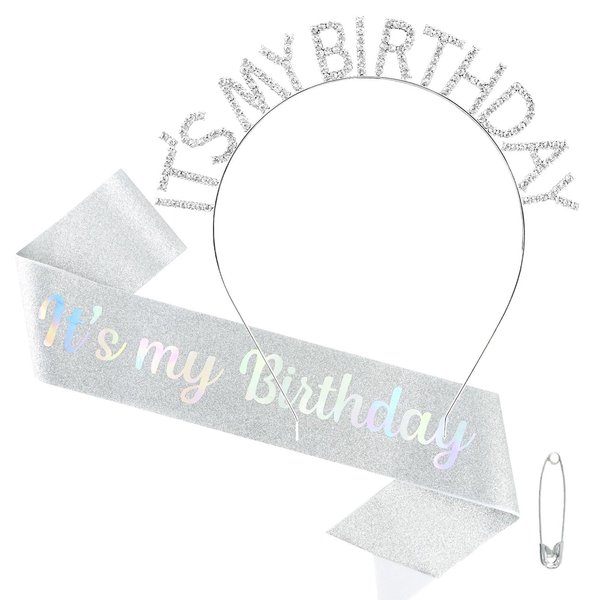 BAHABY It's My Birthday Sash & Birthday Headband Set Princess Birthday Sash and Tiara Birthday Gifts for Women Girls Sweet Happy Birthday Accessories for Party- Silver