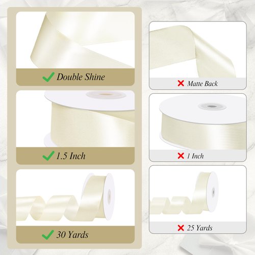 woric Double Faced Ivory Ribbon 1 1/2 inch 30 Yards Cream Satin Ribbon for Flower Bouquet Bows Crafts Gift Wrapping Wedding Home Decorations