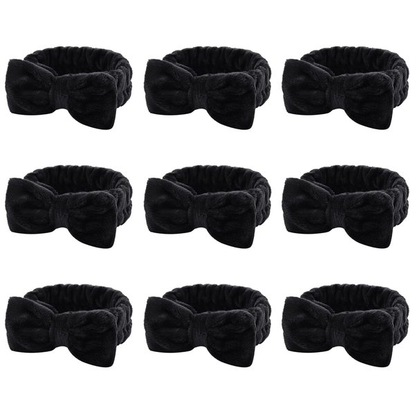 WHAVEL 9 Pack Black Spa Headband for Washing Face, Makeup Headband Skincare Headbands Face Wash Headband Bow Headbands Facial Headband Soft Fluffy Headband for Washing Face (A. Black)