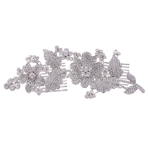 Alilang Silvery Tone Crystal Rhinestone Flower Leaf Bridal Long Hair Comb