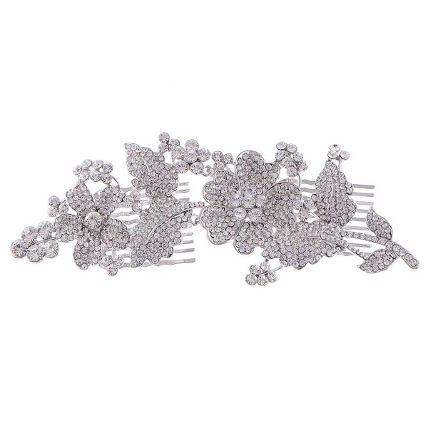Alilang Silvery Tone Crystal Rhinestone Flower Leaf Bridal Long Hair Comb