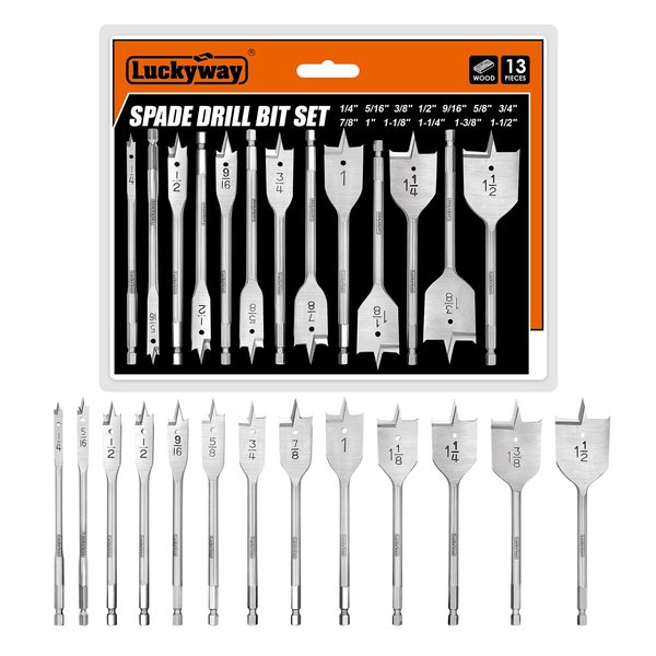 Luckyway 13-Piece 1/4 Inch to 1-1/2 Inch Spade Drill Bits Set for Wood, Plastic, Aluminum Hole Cutting