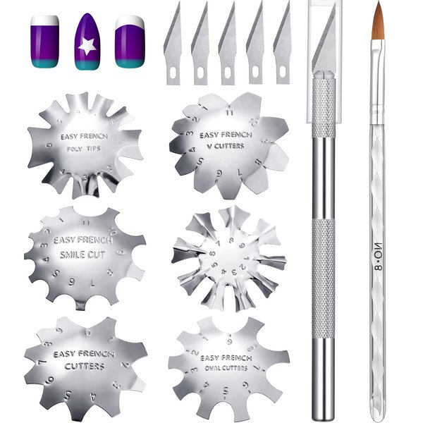8 Pieces Acrylic Nails Tool Set, Include 6 Pieces French Nail Trimmer Stainless Steel French Tip Cutters Smile Line Cutter, Acrylic Nails Brush, French Tip Cutting Knife with 5 Spare Blades (Silver)