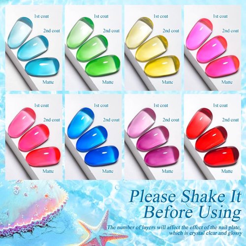 MEET ACROSS 8PCS Jelly Crystal Gel Nail Polish Set, Jelly Gel Polish Kit, Glaze Glass Transparent Nail Polish Sheer Pink Green Blue Nail Gel Polish, Soak Off UV Nail Gel for Home Manicure Nail Salon