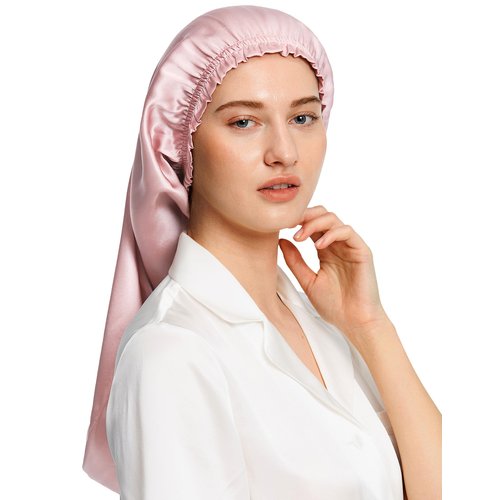 LilySilk Extra Long Silk Bonnet Sleep Cap for Women Soft Adjustable Hair Bonnet for Braids,Curly,Long Hair- Soft Elastic Band, Rosy Pink