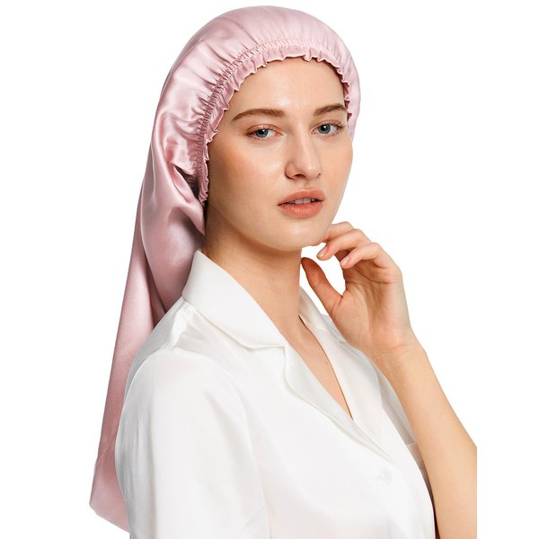 LilySilk Extra Long Silk Bonnet Sleep Cap for Women Soft Adjustable Hair Bonnet for Braids,Curly,Long Hair- Soft Elastic Band, Rosy Pink