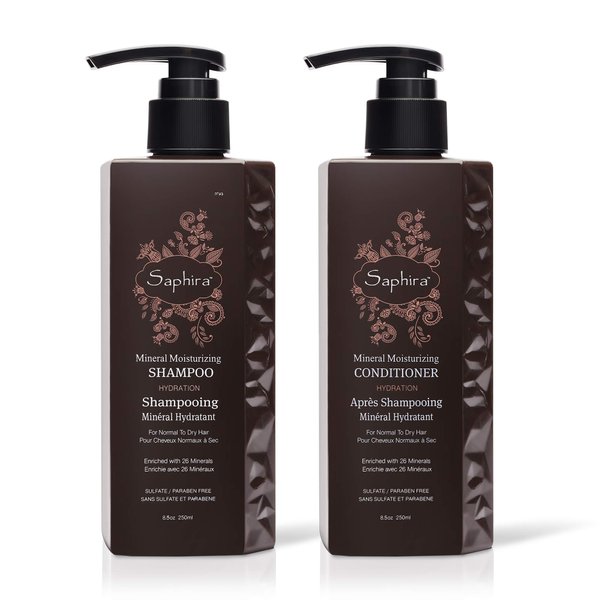 Saphira Mineral Moisturizing Shampoo & Conditioner, Hydrating for Dry, Damaged, Bleached & Color-Treated Hair, Sulfate-Free, Paraben-Free, Nourishes & Revitalizes Lifeless Hair, 8.5 Ounce (Pack of 2)