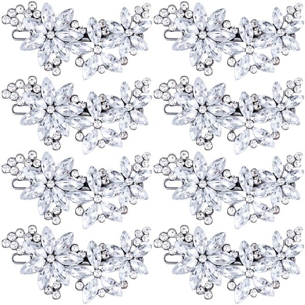 PAGOW 8 Pcs Crystal Flower Bridal Hair Clips, Silver Bride Wedding Hair Accessories Hair Pins, Rhinestone Flower Wedding Headpiece for Brides Women Girls