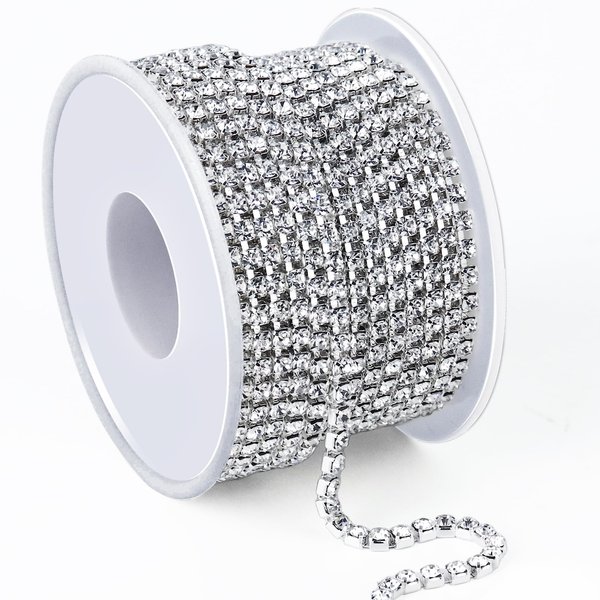 Towenm 1 Roll 10 Yards Rhinestone Chain, 3mm Crystal Rhinestones Close Chain Roll, Sew on Crystal Rhinstone Chain Trim, Crystal Claw Cup Chain (Silver Base + Clear Rhinestones, SS12 / 3mm)