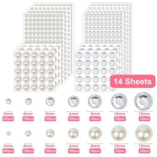 MOLILON 2032pcs Face Gems Jewels Bling Rhinestones Crystals Adhesive Pearl Stickers Stick On Pearls Makeup Jewelry Nail Art Stickers Gems Beads for Hair, Body, Face, Eye (Beige Pearls+Crystal)