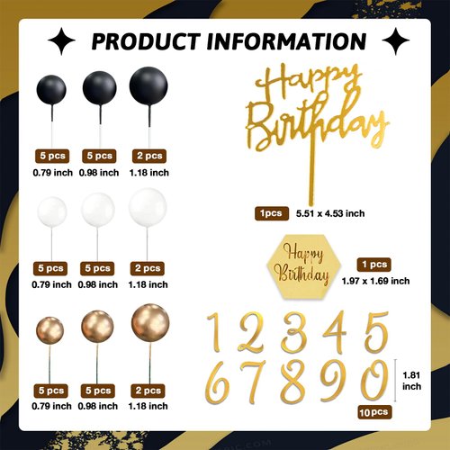 48Pcs Balls Cake Toppers Man Cake Decorations with Black Gold White Balls Acrylic Numbers 0-9 and Happy Birthday Cake Insert Toppers for Men Boy Black Theme Birthday Wedding Anniversary Party Supplies