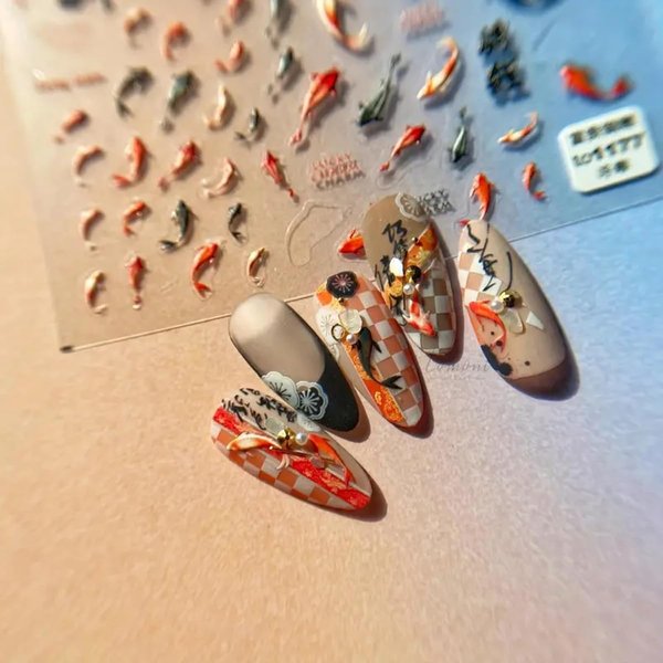 Red Koi Fish Nail Art Sticker Decals Lucky Goldfish 5D Embossed Nail Decals Self-Adhesive Chinese Style Nail Art Accessories Cute Cartoon Ocean Manicure Decals for Women Girls DIY Nail Art Decorations