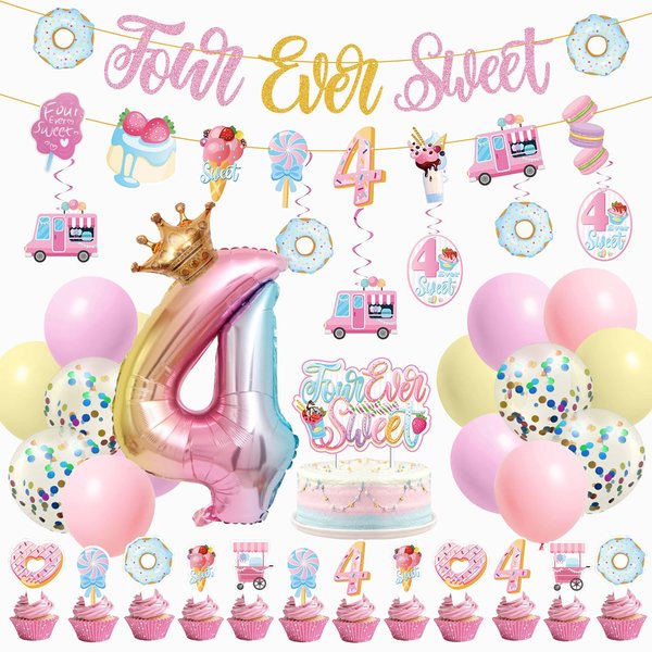 JUYRLE Four Ever Sweet Birthday Decorations Girl- Ice Cream Birthday Party Decorations with Donut Banner Ice Cream Cake Toppers 4th Foil Balloon Arch for 4 Year Old Macaron Birthday Party Supplies