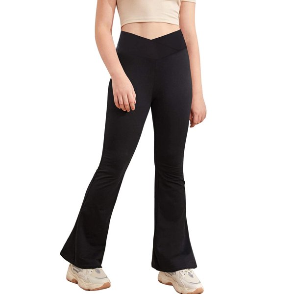 Girl's Leggings Cross High Waisted Flare Pants Yoga Bootcut Pants Solid Color Full Length Bell Bottoms 11-12 Years