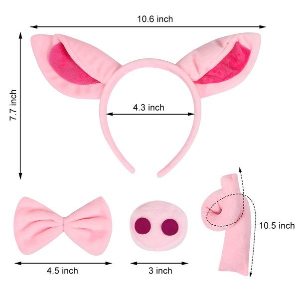 COOLOOK Pig Costume Set Pig Ears Headband Pig Tail Nose Bow Tie Pig for Party Decoration Pink