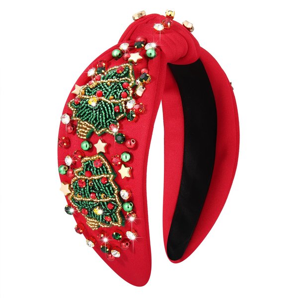 boderier Christmas Headbands for Women Beaded Christmas Tree Headband Jeweled Crystal Star Wide Knotted Headband Xmas Holiday Hair Accessories Gifts (Red-Christmas Tree)