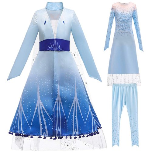 DH Gorgeous Little Girls Princess Cosplay Blue Costume Outfit Coat & Dress & Pants 7-8 Years