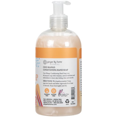 Ginger Lily Farms Botanicals Conditioning Liquid Hand Soap, Coco Mango, 100% Vegan & Cruelty-Free, Coconut Mango Scent, 12 Fl Oz
