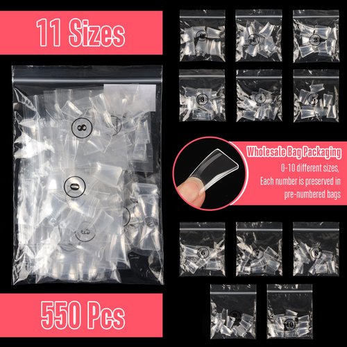 NOVO OVO 550 pcs Transparent Clear Crystal Duck Feet Style Flare Nail Tips Y2K Vibe Half Cover C Curve Wide French False Nail Extension Tips Acrylic Nail 11 Sizes Bag Packaging for Art Salon