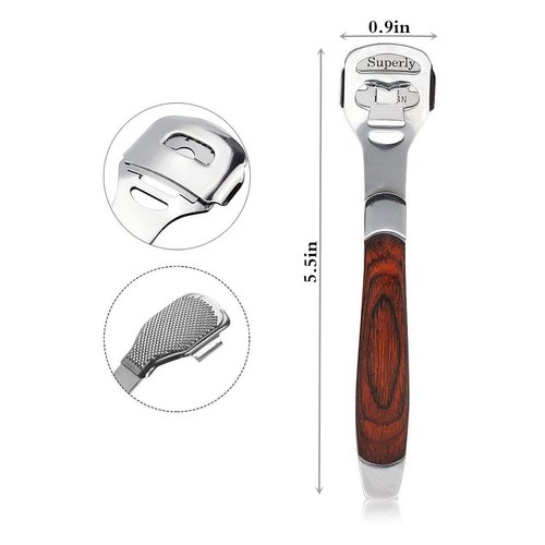 BEINY Stainless Steel Callus Shaver Pedicure Dead Hard Skin Remover Heel Razor Wooden Handle Cutter with Skin Rub & 10 Blades for Foot Care, Removing Solid, Cracked Skin Cells