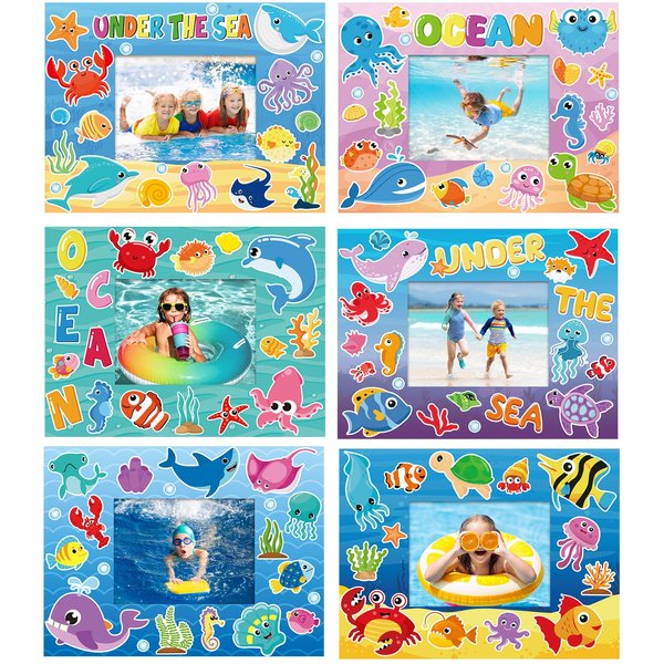Pajean 24 Pack Summer Back to School Craft Kit Hawaiian DIY Picture Frame Craft Hello Summer Children Stickers for Kids School Classroom Aloha Beach Pool Summer Party Gifts Game Supplies (Sea Animals)