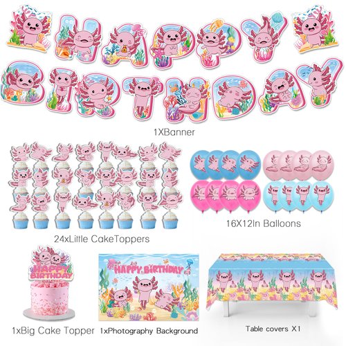 44Pcs Axolotl Birthday Party Supplies Include Happy Birthday Banner-Backdrop-Tablecloth-Balloons-Cake Topper-Cupcake Toppers for Axolotl Party Decorations