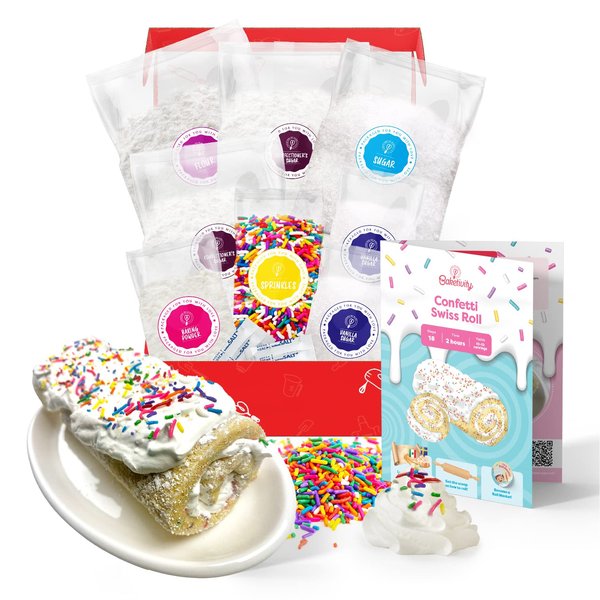 Confetti Swiss Roll Baking Kit For Kids 6-12, Real Jelly Roll Cake Making Set With Pre-Measured Ingredients, Cake Decorating For Girls And Boys With Cream And Rainbow Sprinkles, Kids Baking Gift Set