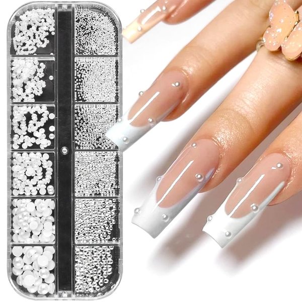 Dornail 1 Box/12 Grids Nail Art White Pearls for Nails Half Round Pearl Beads Nail Charms,Small Stainless Steel Beads Caviar Beads White Flatback Pearls for Women Nail Decoration DIY Nail Art Crafts