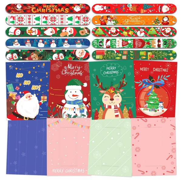 PARTYWIND 32 PCS Christmas Cards and 32 PCS Slap Bracelets for Kids, Christmas Holiday Greeting Cards for Party Decorations Supplies, Goodie Bag Stocking Stuffers Toys