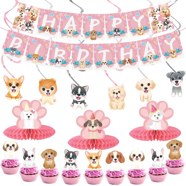 40 Pcs Dog Birthday Decorations, Pink Dog Party Supplies Includes Dog Birthday Banner Puppy Cutouts Hanging Swirls Birthday Honeycomb and Dog Cupcake Toppers for Kids Girls Birthday Party Decor