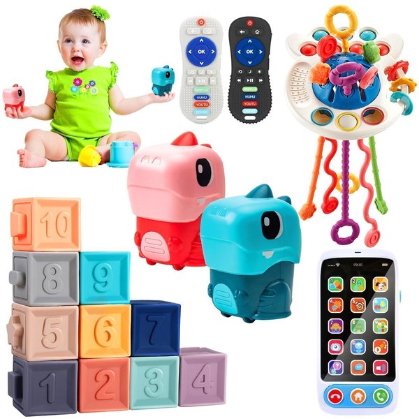 Lauon Baby Toys Set for 6-36 Months, Toys for Toddlers- Pull String Teether, Analog Cell Phone, Sensory Shapes Simulation Remote Control,Baby Gifts(Dinosaur Toy car)