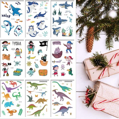 Mocossmy Dinosaur Temporary Tattoos for Kids,9 Sheets Dinosaur Shark Pirate Waterproof Fake Tattoo Body Decoration DIY Crafts for Kids Boys Girls Birthday Gifts Ocean Themed Party Favor Supplies