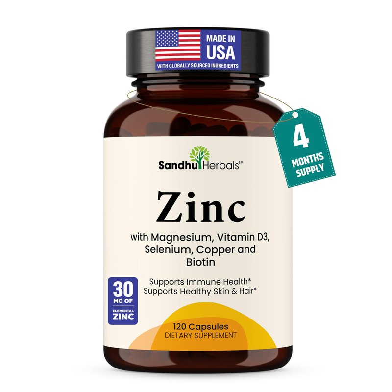 SANDHUHERBALS Zinc 30mg with Vitamin D3, Magnesium, Selenium, Vitamin B6, B7 (Biotin), Copper | Z...