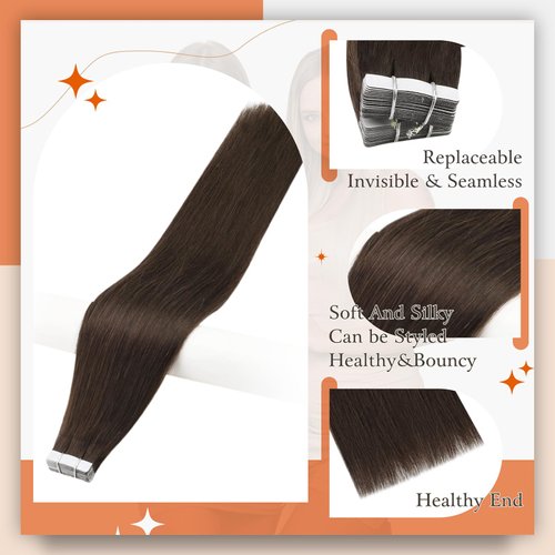 Full Shine Tape in Real Human Hair Extensions 16Inch Dark Brown Color Seamless Tape in Extensions Skin Weft Double Sided Tape in Hair Extensions 20Pieces 50Gram Remy Hair Extensions Human Hair